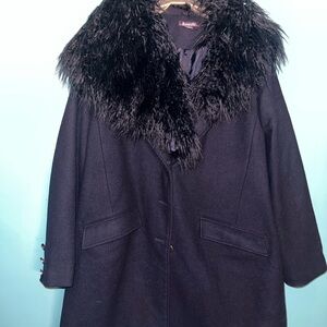 Roaman's Navy Pea Coat with Black Faux Fur Collar